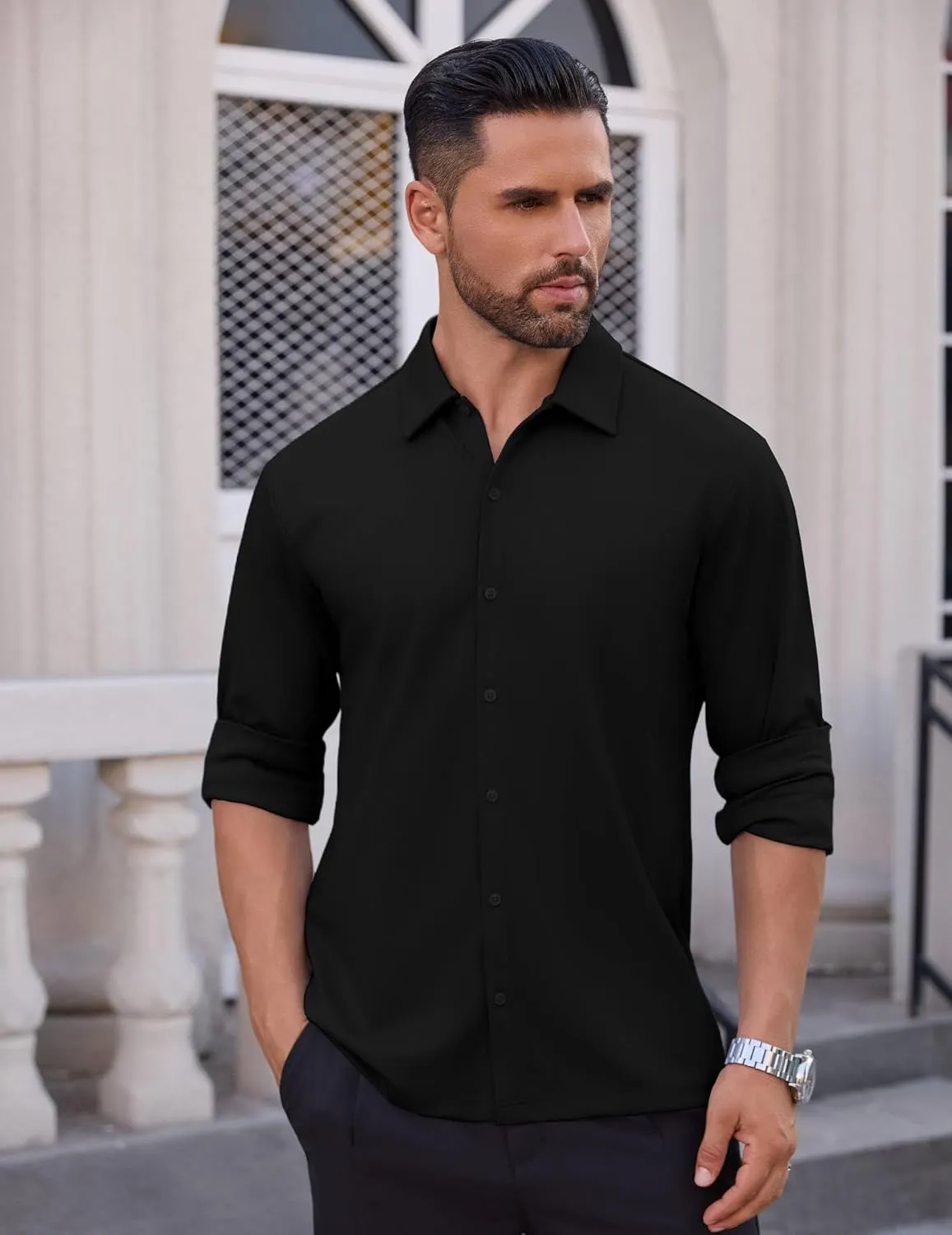 Men's Long Sleeve Wrinkle Free Shirts Casual Button Down Untucked Stretch Dress Shirt