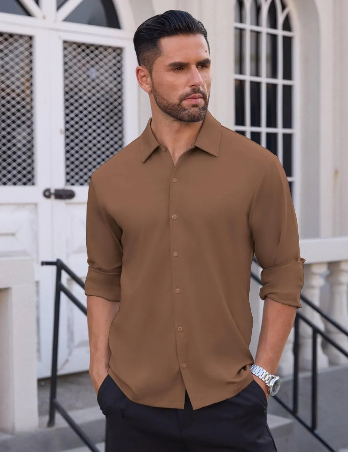 Men's Long Sleeve Wrinkle Free Shirts Casual Button Down Untucked Stretch Dress Shirt