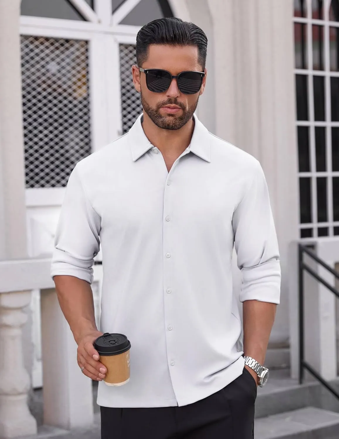 Men's Long Sleeve Wrinkle Free Shirts Casual Button Down Untucked Stretch Dress Shirt