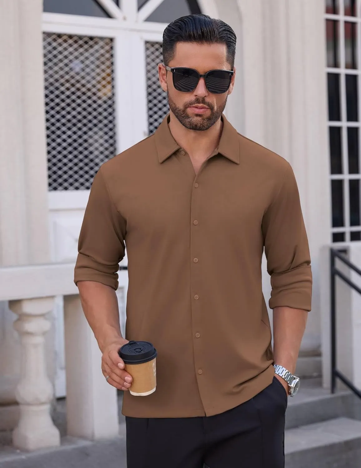 Men's Long Sleeve Wrinkle Free Shirts Casual Button Down Untucked Stretch Dress Shirt