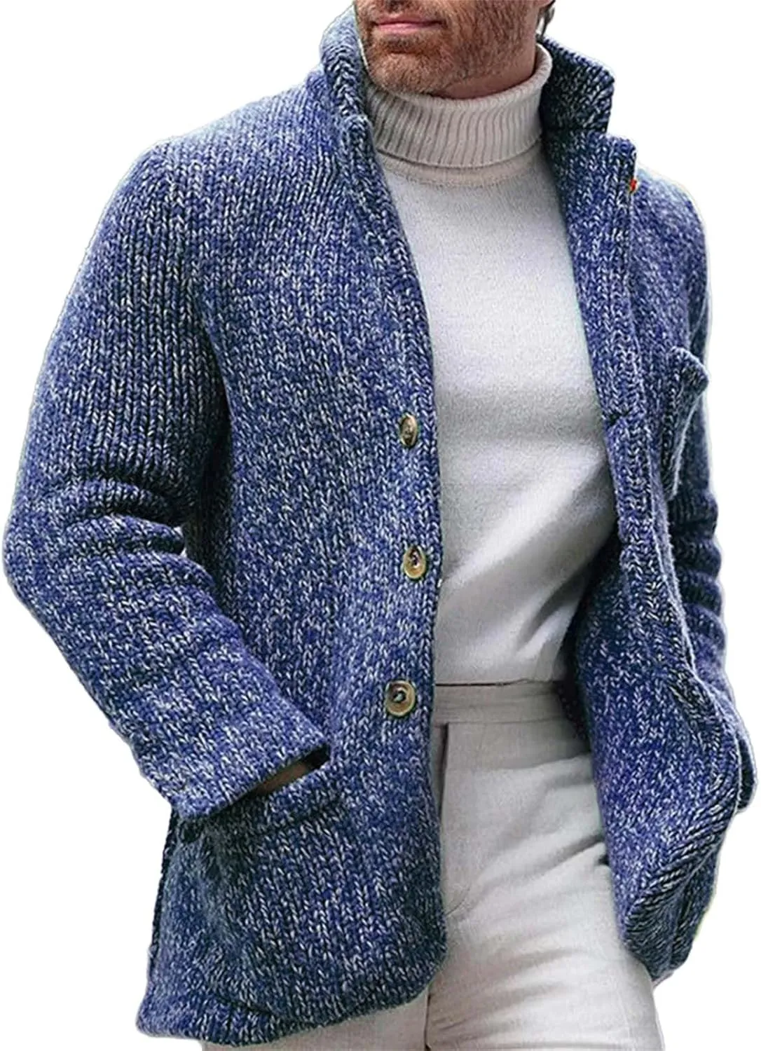 Men's Open Front Lightweight Stand Collar Cardigan Casual Button Down Knit Cardigan Sweaters Wool Blend Jacket Coat