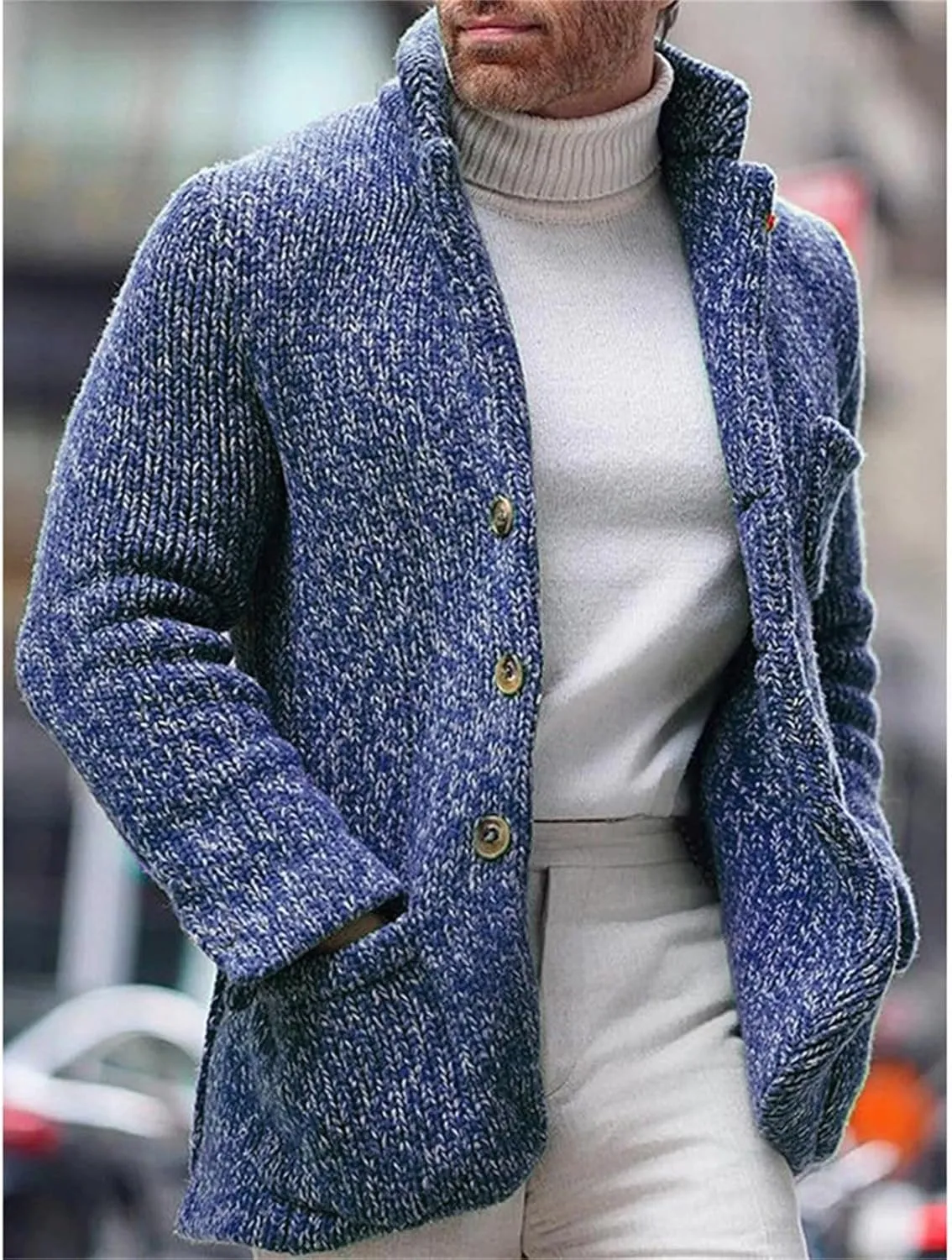 Men's Open Front Lightweight Stand Collar Cardigan Casual Button Down Knit Cardigan Sweaters Wool Blend Jacket Coat