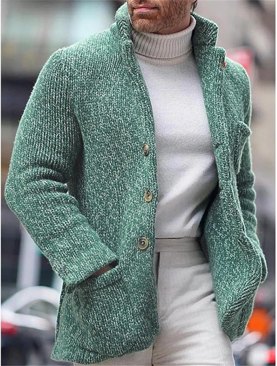 Men's Open Front Lightweight Stand Collar Cardigan Casual Button Down Knit Cardigan Sweaters Wool Blend Jacket Coat