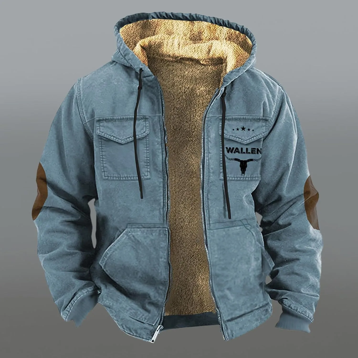 Mens Puffer Jacket Packable Jackets Double Pocket Western Cowboy 3D Printed Hooded Brown Warm Cotton Jacket Men's