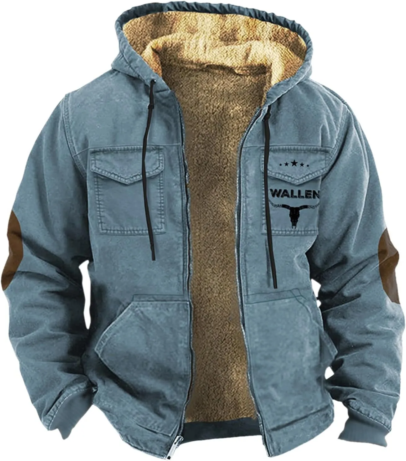 Mens Puffer Jacket Packable Jackets Double Pocket Western Cowboy 3D Printed Hooded Brown Warm Cotton Jacket Men's