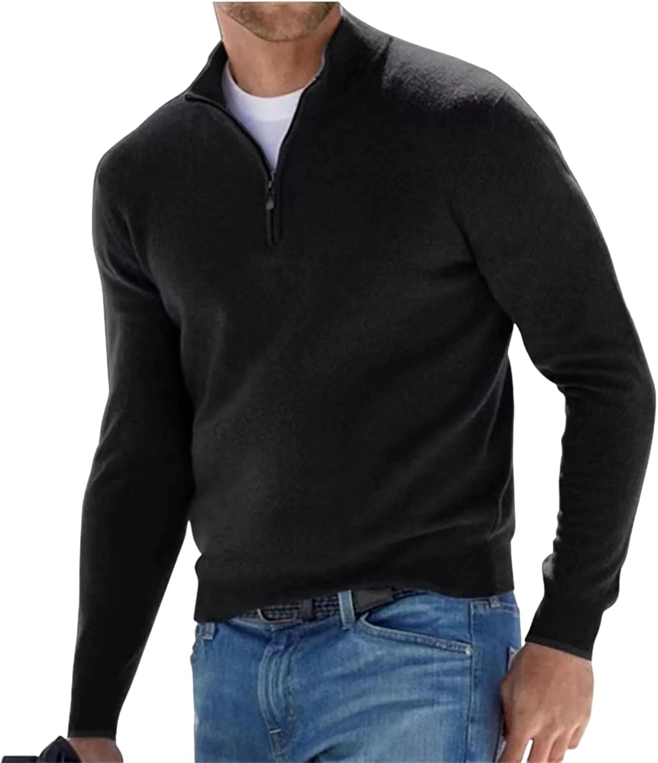 Mens Quarter Zip V Neck Sweaters Long Sleeve Solid Color Polo Knitted Pullover Fall Winter Warm Jumper Tops