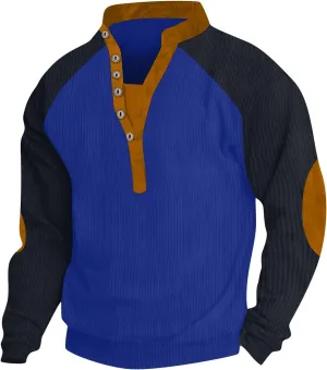 Mens Quilted Sweater Button-Down V-Neck Raglan Patchwork Long-Sleeved Loose T-Shirt Top