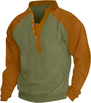 Mens Quilted Sweater Button-Down V-Neck Raglan Patchwork Long-Sleeved Loose T-Shirt Top
