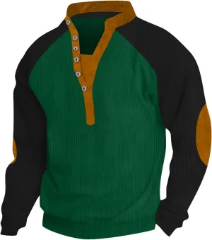 Mens Quilted Sweater Button-Down V-Neck Raglan Patchwork Long-Sleeved Loose T-Shirt Top