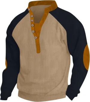 Mens Quilted Sweater Button-Down V-Neck Raglan Patchwork Long-Sleeved Loose T-Shirt Top