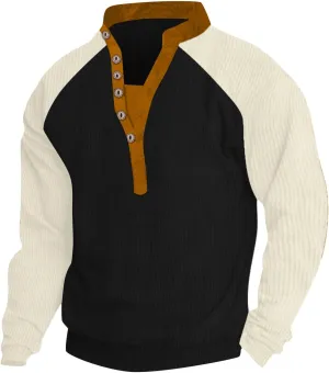 Mens Quilted Sweater Button-Down V-Neck Raglan Patchwork Long-Sleeved Loose T-Shirt Top