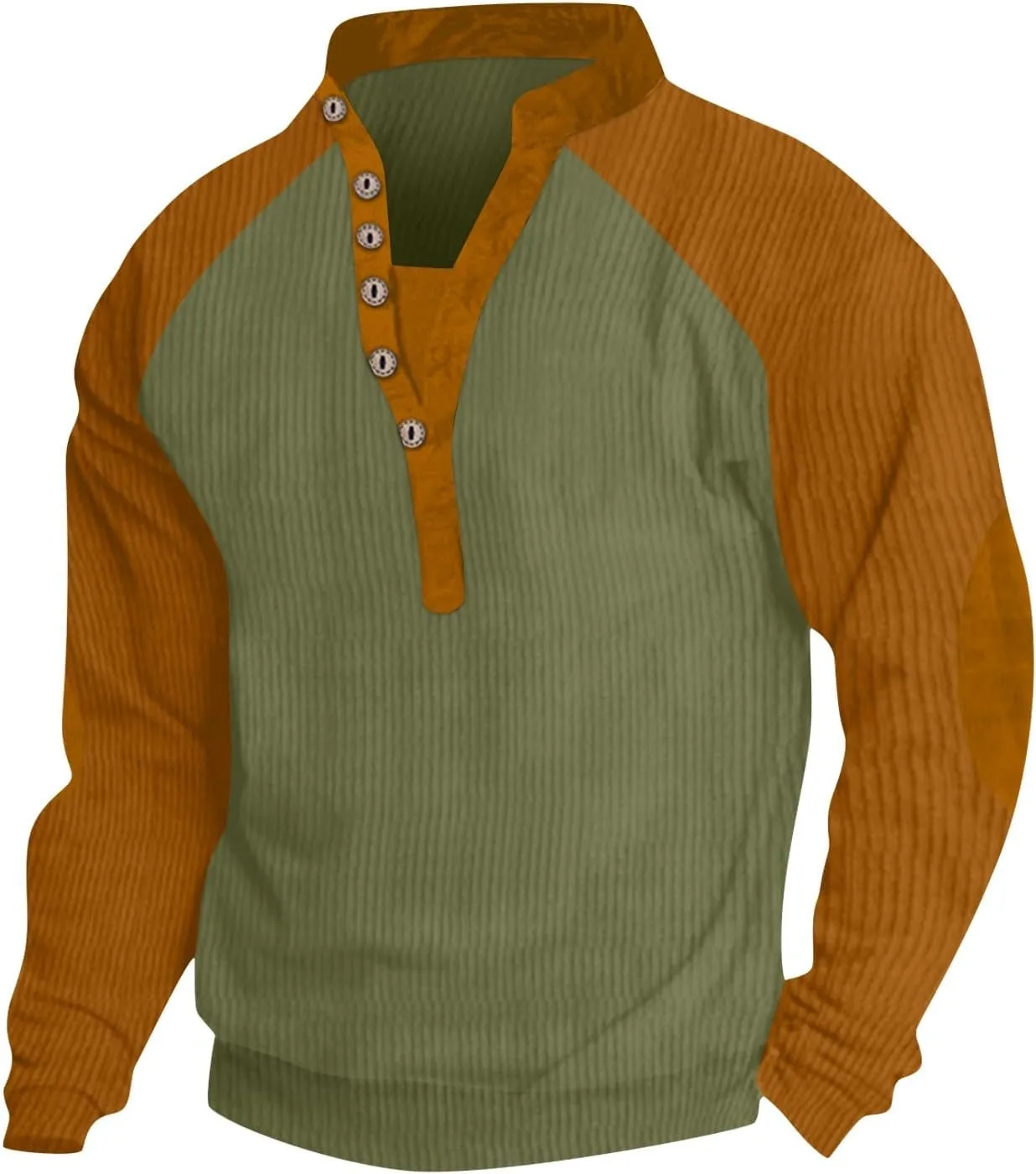 Mens Quilted Sweater Button-Down V-Neck Raglan Patchwork Long-Sleeved Loose T-Shirt Top