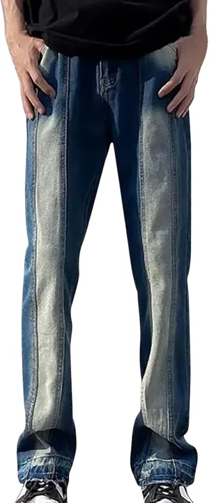 Mens Relaxed Fit Bootcut Jean Straight Colorblock Vintage Freyed Bottom Streetwear Trousers Waisted Denim Pants