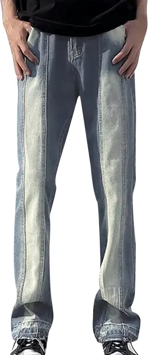 Mens Relaxed Fit Bootcut Jean Straight Colorblock Vintage Freyed Bottom Streetwear Trousers Waisted Denim Pants