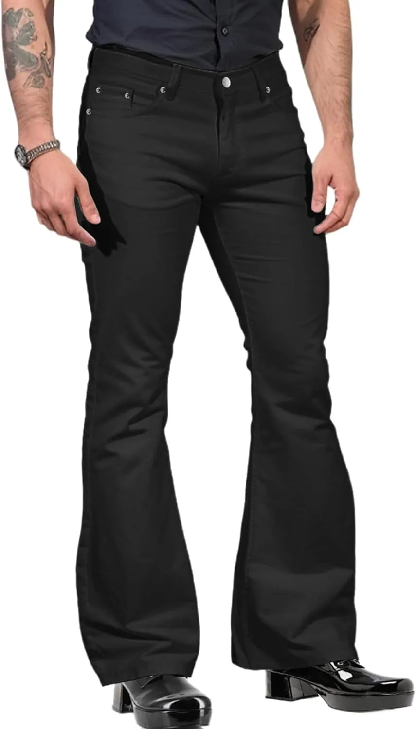 Mens Relaxed Vintage 70s Bell Bottom Disco Pants Stretch Fit Classic Trousers Flared Flares Retro Denim Jeans Pant