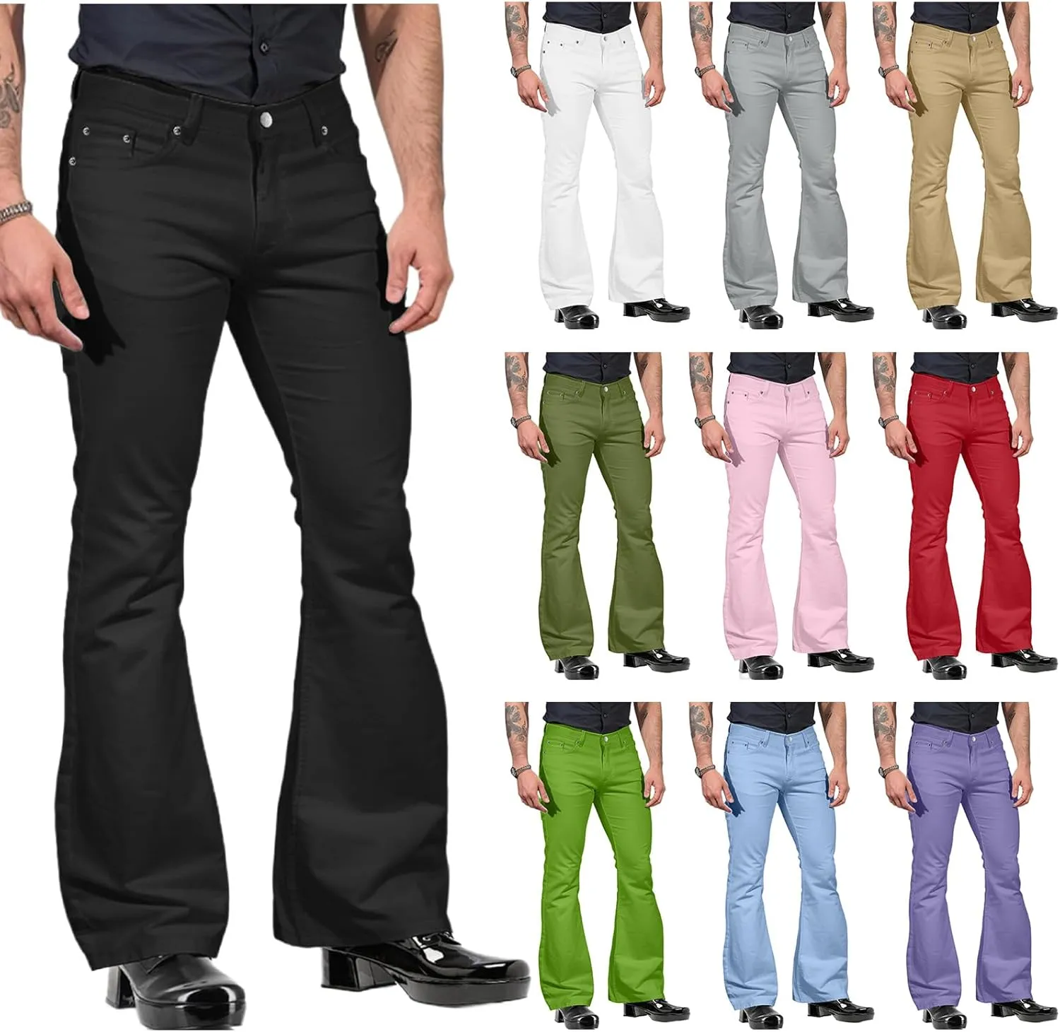 Mens Relaxed Vintage 70s Bell Bottom Disco Pants Stretch Fit Classic Trousers Flared Flares Retro Denim Jeans Pant