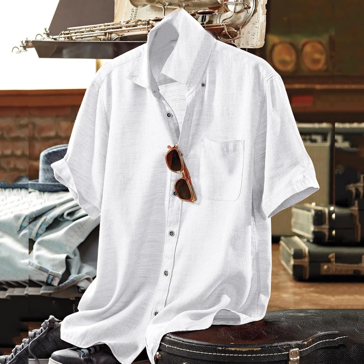 Mens Resort Wear 2025 Casual Lightweight Short Sleeve Cotton Linen Shirts Buttons Down Solid Loose Summer Beach Shirts