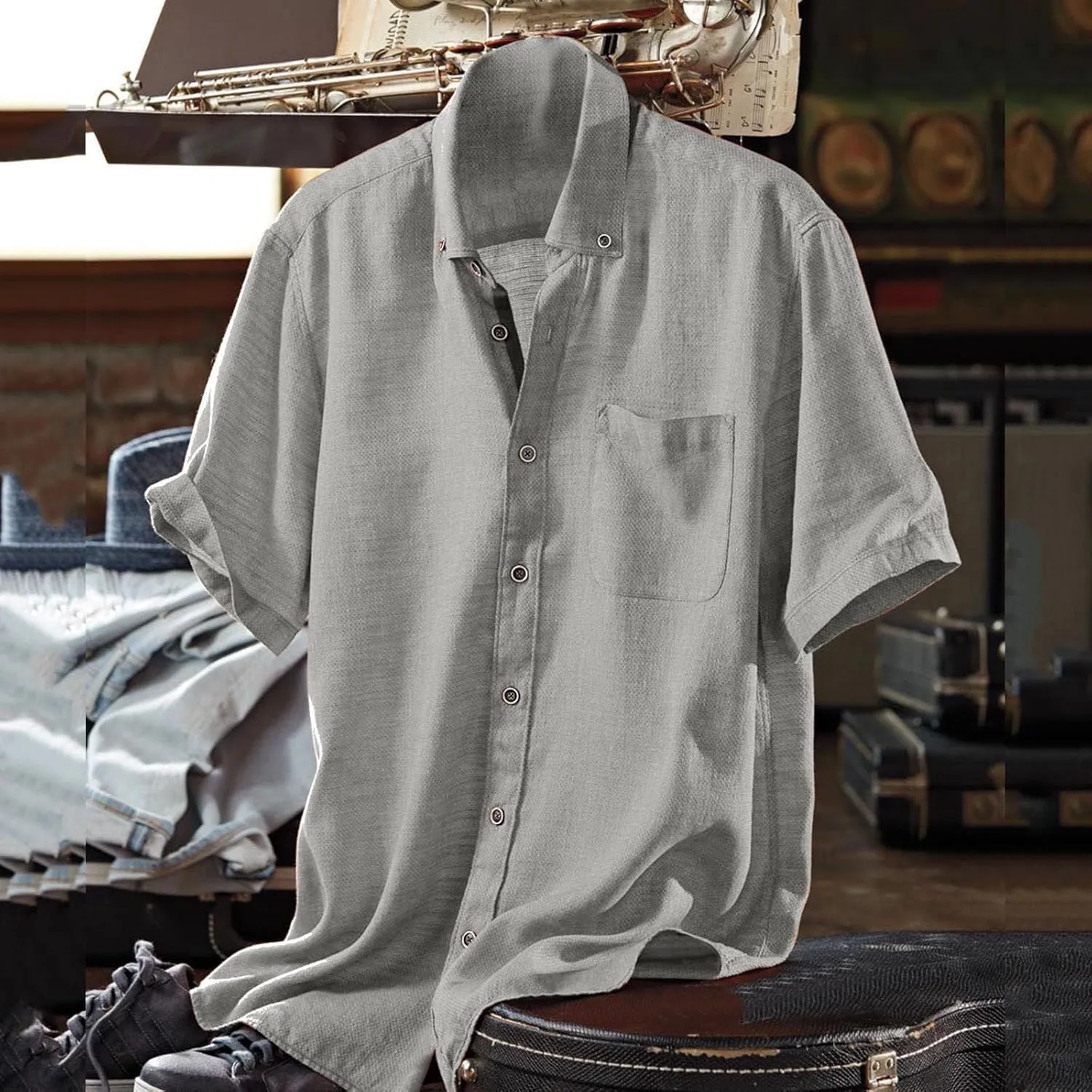 Mens Resort Wear 2025 Casual Lightweight Short Sleeve Cotton Linen Shirts Buttons Down Solid Loose Summer Beach Shirts