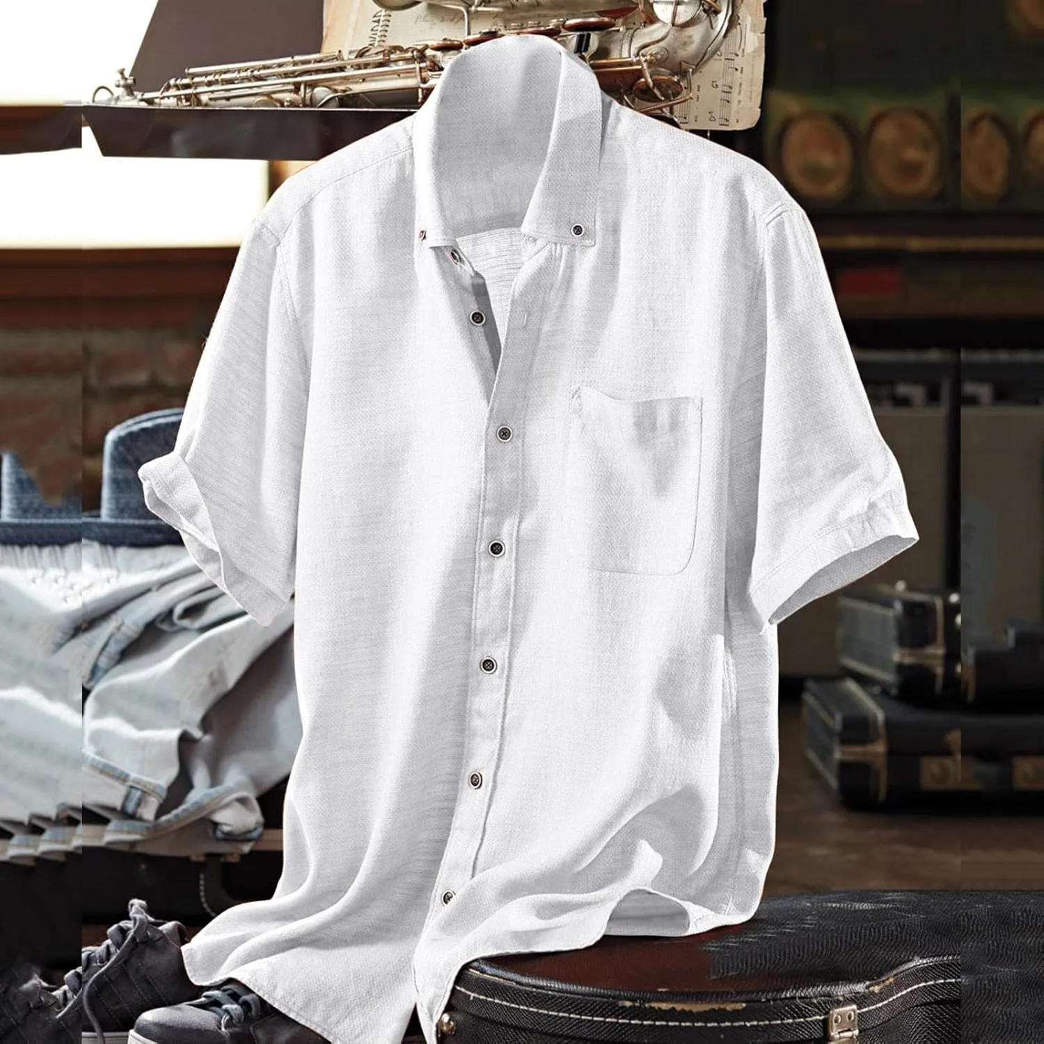 Mens Resort Wear 2025 Casual Lightweight Short Sleeve Cotton Linen Shirts Buttons Down Solid Loose Summer Beach Shirts
