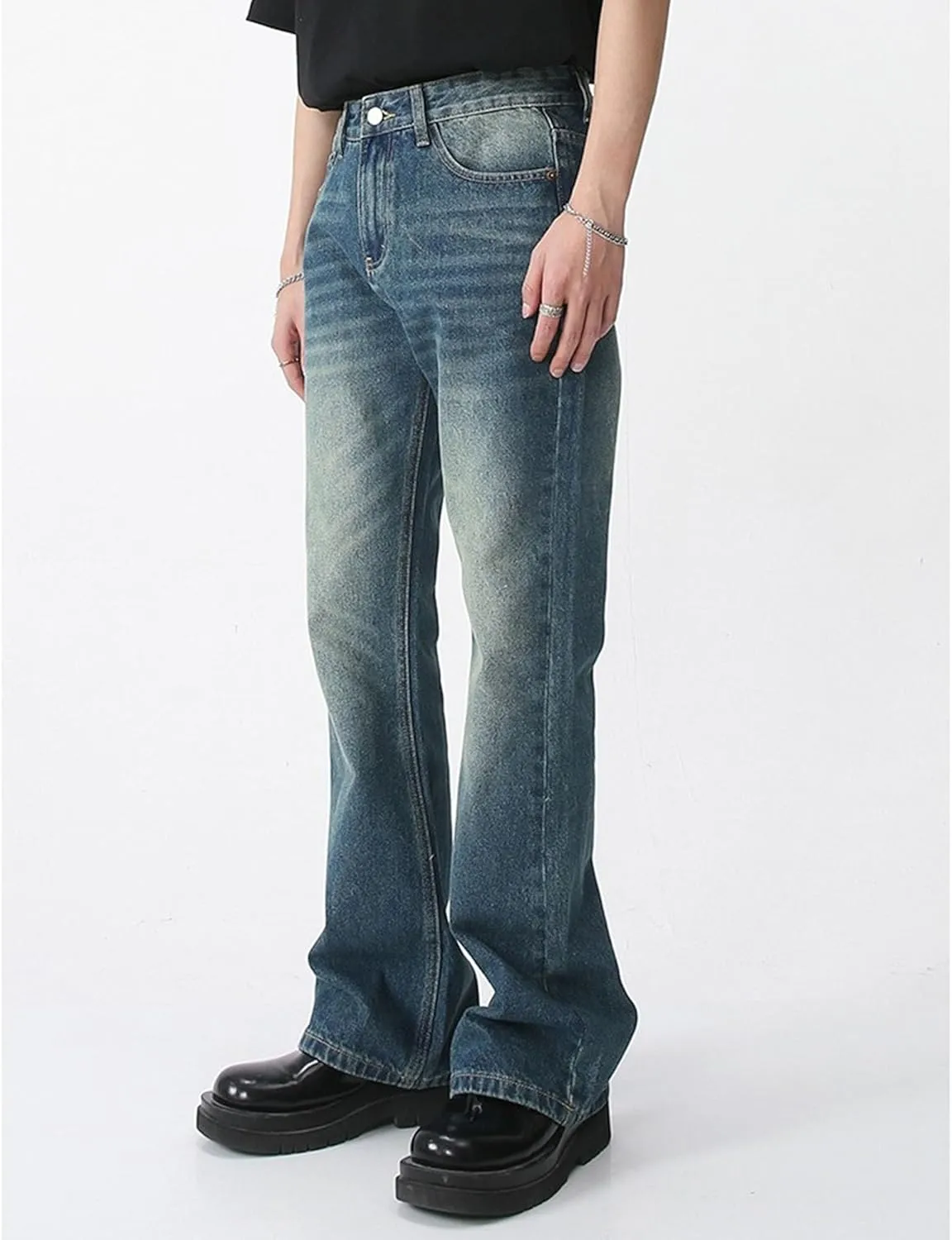 Men's Retro 60s 70s Disco Flared Trousers Comfort Stretch Fit Bell Bottom Denim Jeans