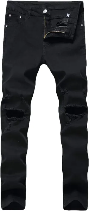 Men's Ripped Distressed Jeans Stretch Slim Straight Fit Ripped Jeans Distressed Skinny Washed Denim Jeans