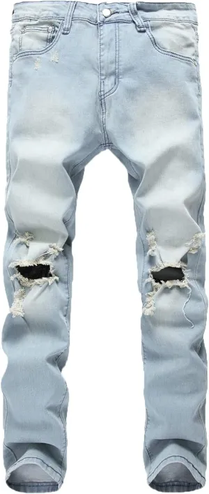 Men's Ripped Distressed Jeans Stretch Slim Straight Fit Ripped Jeans Distressed Skinny Washed Denim Jeans