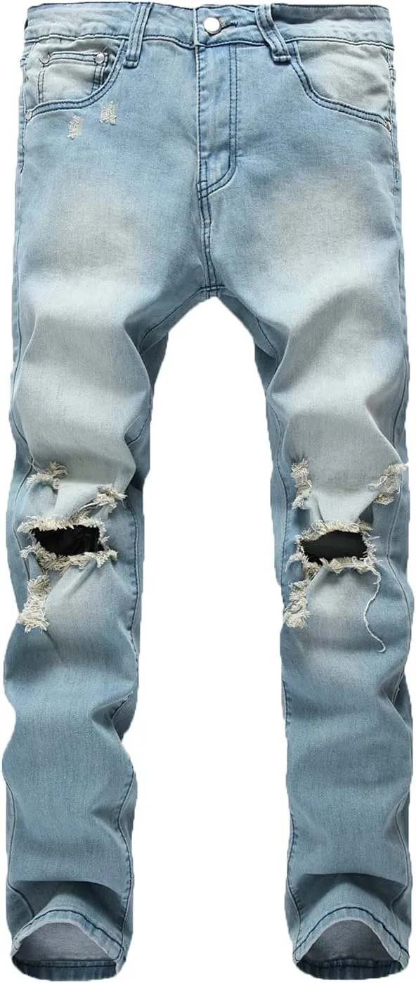 Men's Ripped Distressed Jeans Stretch Slim Straight Fit Ripped Jeans Distressed Skinny Washed Denim Jeans