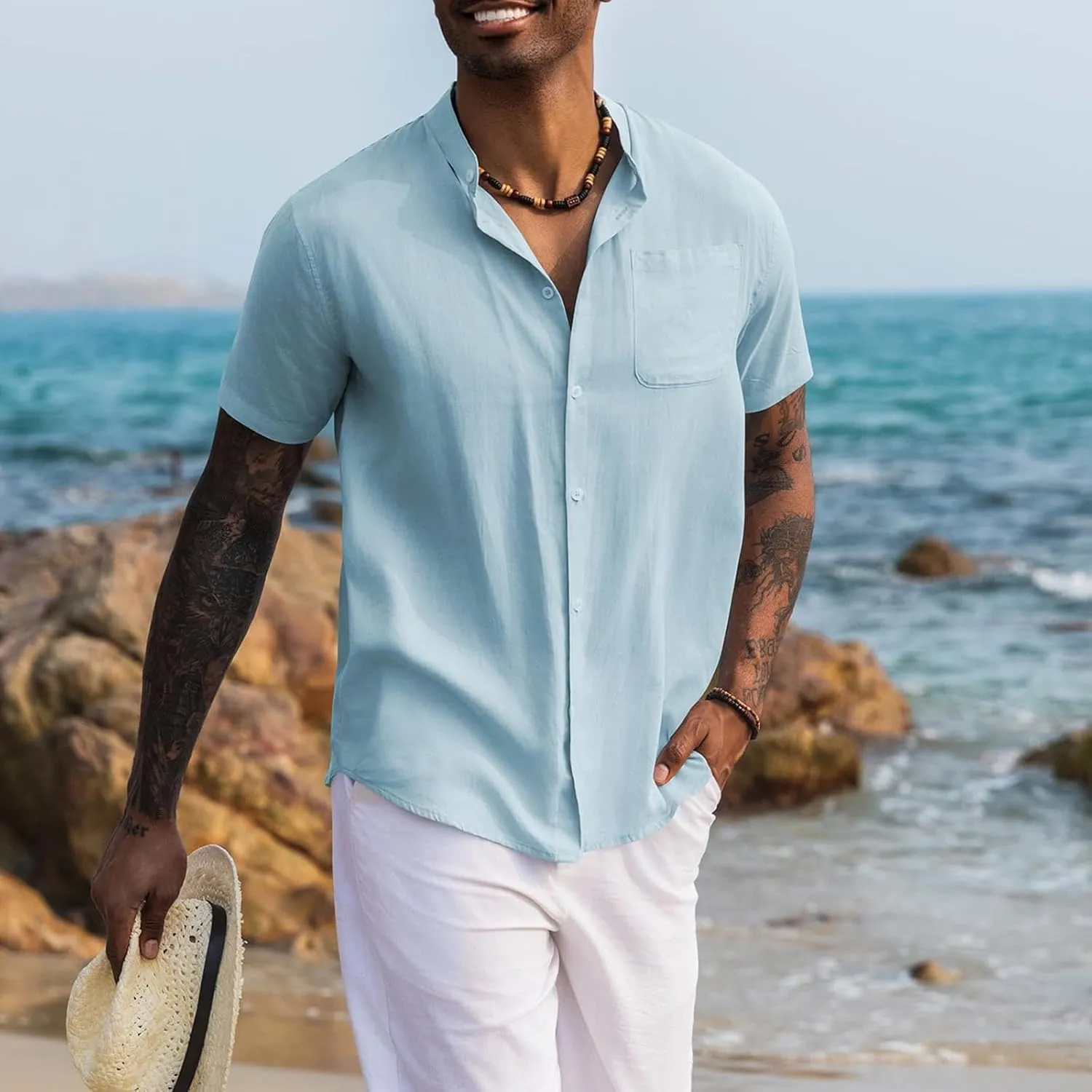 Mens Short Sleeve Button Down Shirt Loose Fit Dress Shirt Lightweight Lapel Casual Textured Shirt Summer Beach Shirt