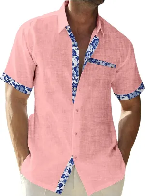 Mens Short Sleeve Button Down Shirts Cotton Linen Casual Vacation Summer Floral Patchwork Shirt Beach Hawaiian Shirts
