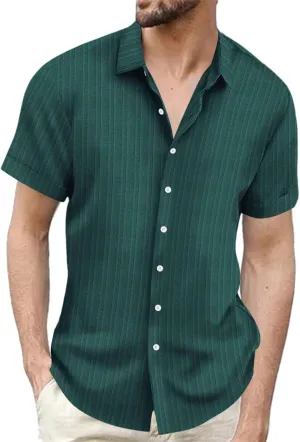 Mens Short Sleeve Cotton Linen Shirts Active Combat Relaxed Fit Casual Travel Top Textured Solid Lapel Button Up Shirt