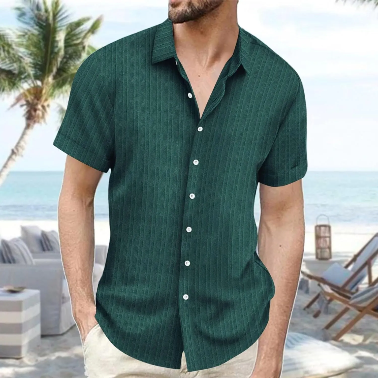 Mens Short Sleeve Cotton Linen Shirts Active Combat Relaxed Fit Casual Travel Top Textured Solid Lapel Button Up Shirt