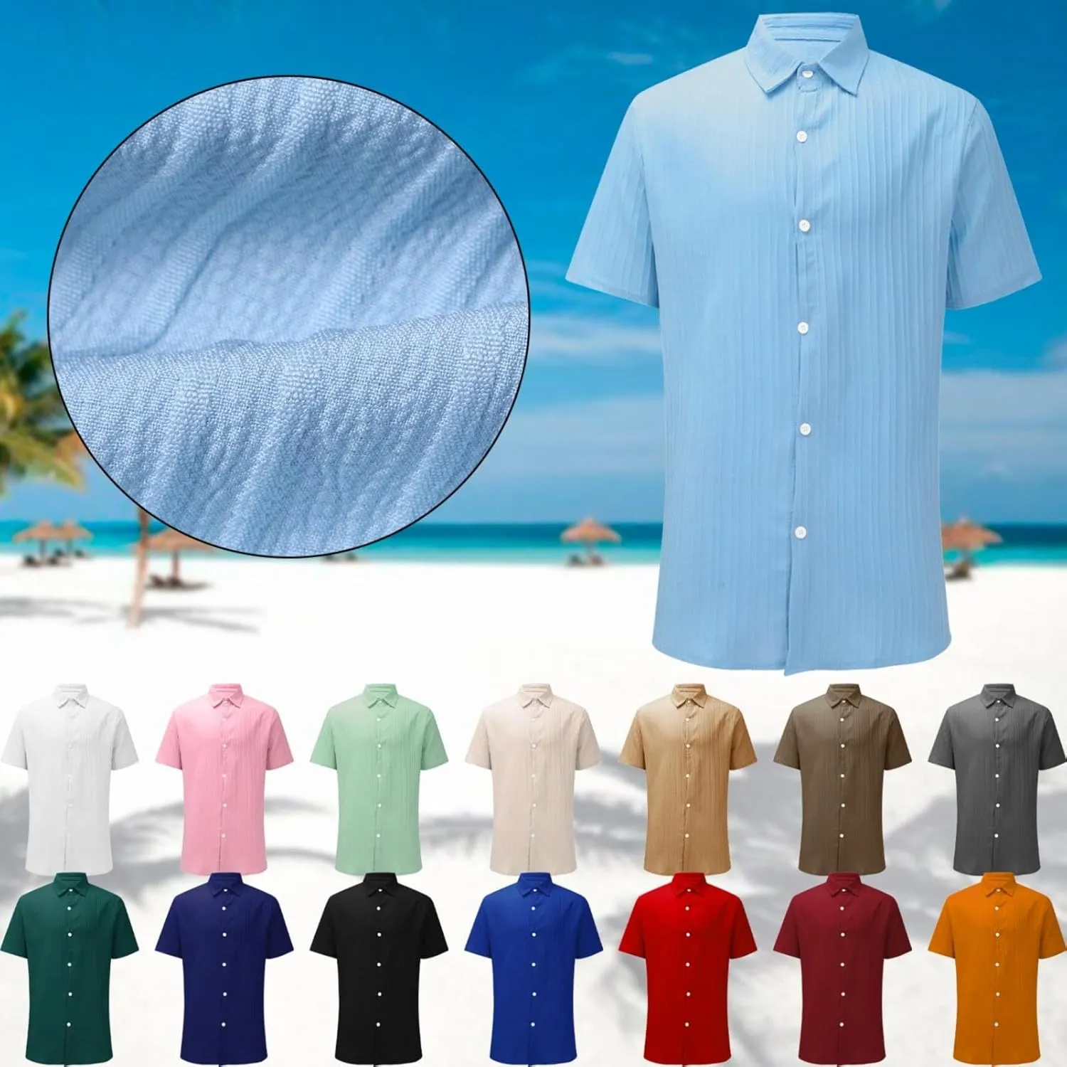 Mens Short Sleeve Cotton Linen Shirts Active Combat Relaxed Fit Casual Travel Top Textured Solid Lapel Button Up Shirt