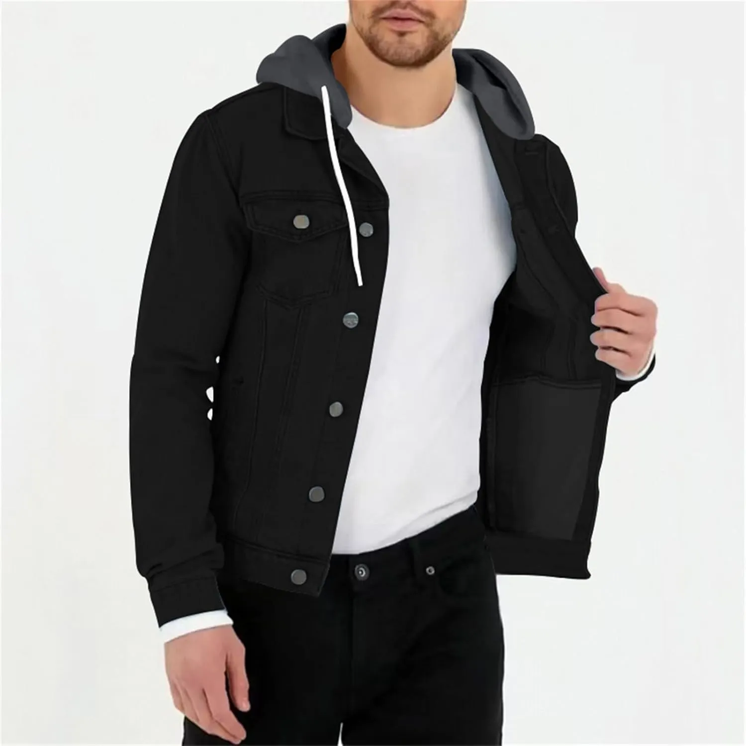 Mens Slim Fit Hoodie Denim Jacket Solid Color Hood Military Hooded Jacket Button Down Denim Trucker Jacket Coat