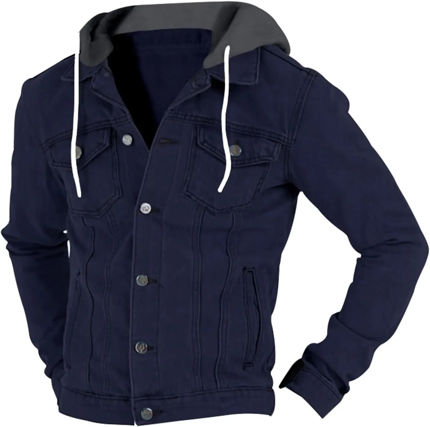 Mens Slim Fit Hoodie Denim Jacket Solid Color Hood Military Hooded Jacket Button Down Denim Trucker Jacket Coat