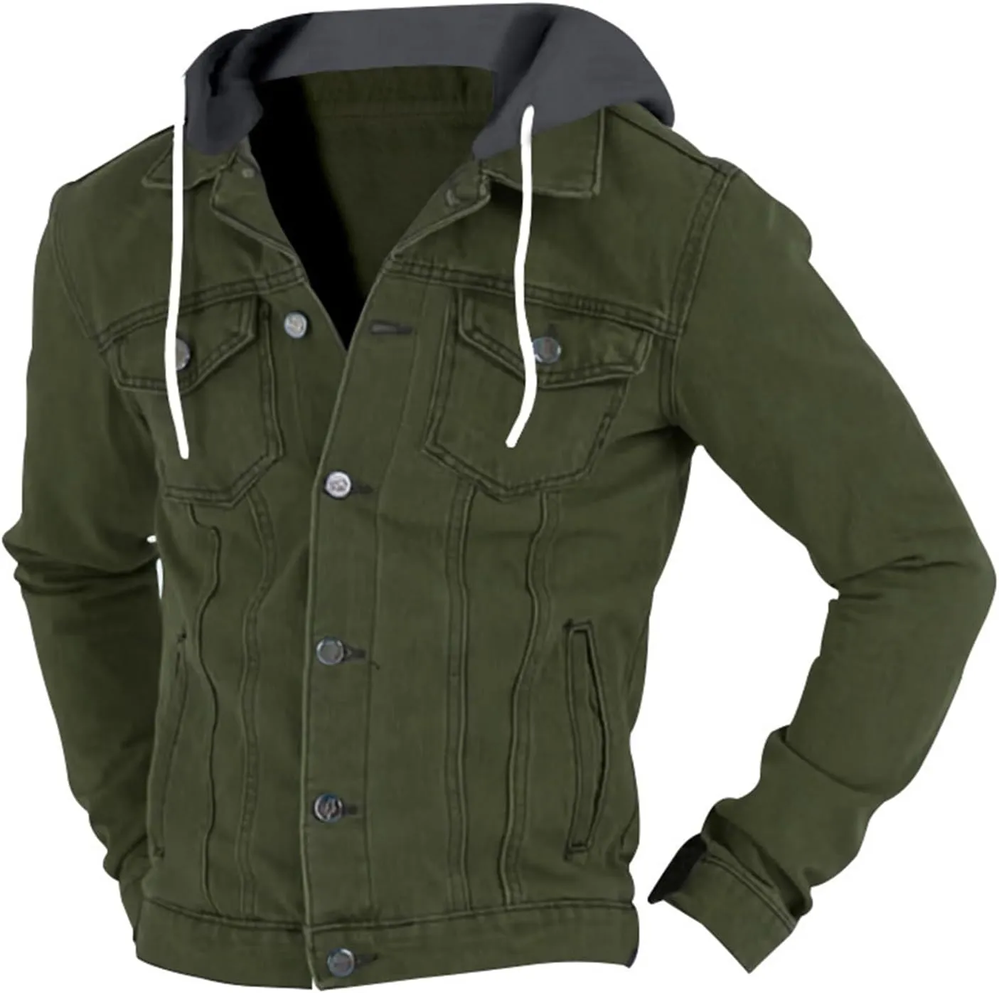 Mens Slim Fit Hoodie Denim Jacket Solid Color Hood Military Hooded Jacket Button Down Denim Trucker Jacket Coat