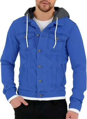 Mens Slim Fit Hoodie Denim Jacket Solid Color Hood Military Hooded Jacket Button Down Denim Trucker Jacket Coat
