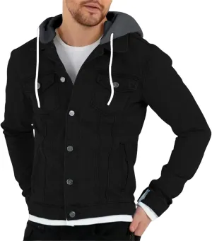 Mens Slim Fit Hoodie Denim Jacket Solid Color Hood Military Hooded Jacket Button Down Denim Trucker Jacket Coat