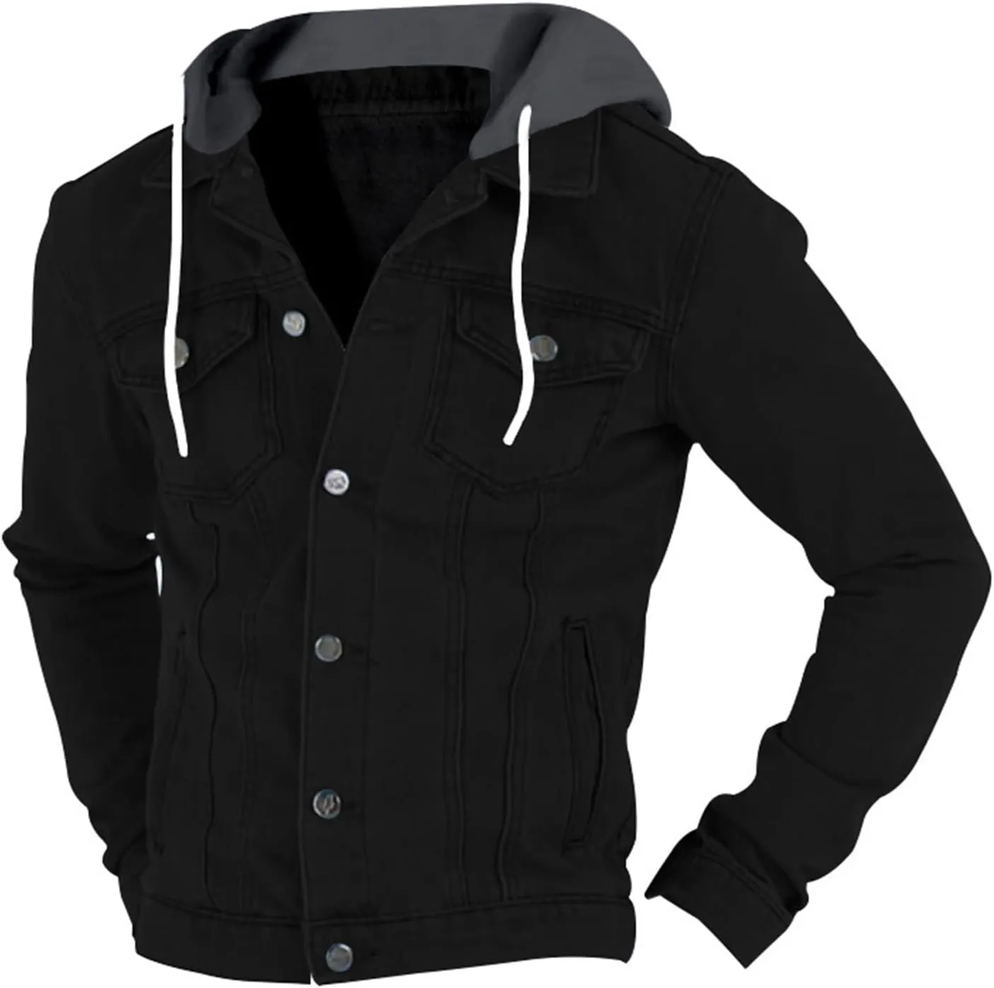 Mens Slim Fit Hoodie Denim Jacket Solid Color Hood Military Hooded Jacket Button Down Denim Trucker Jacket Coat