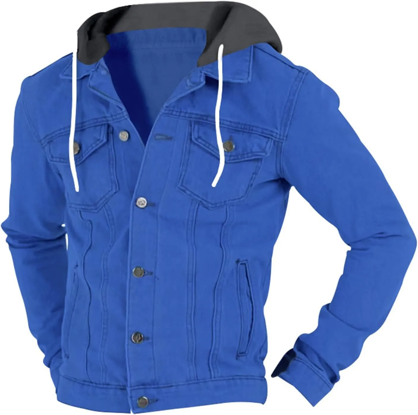 Mens Slim Fit Hoodie Denim Jacket Solid Color Hood Military Hooded Jacket Button Down Denim Trucker Jacket Coat