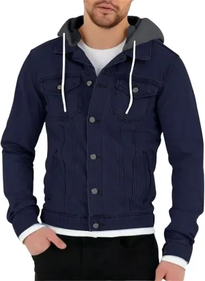 Mens Slim Fit Hoodie Denim Jacket Solid Color Hood Military Hooded Jacket Button Down Denim Trucker Jacket Coat