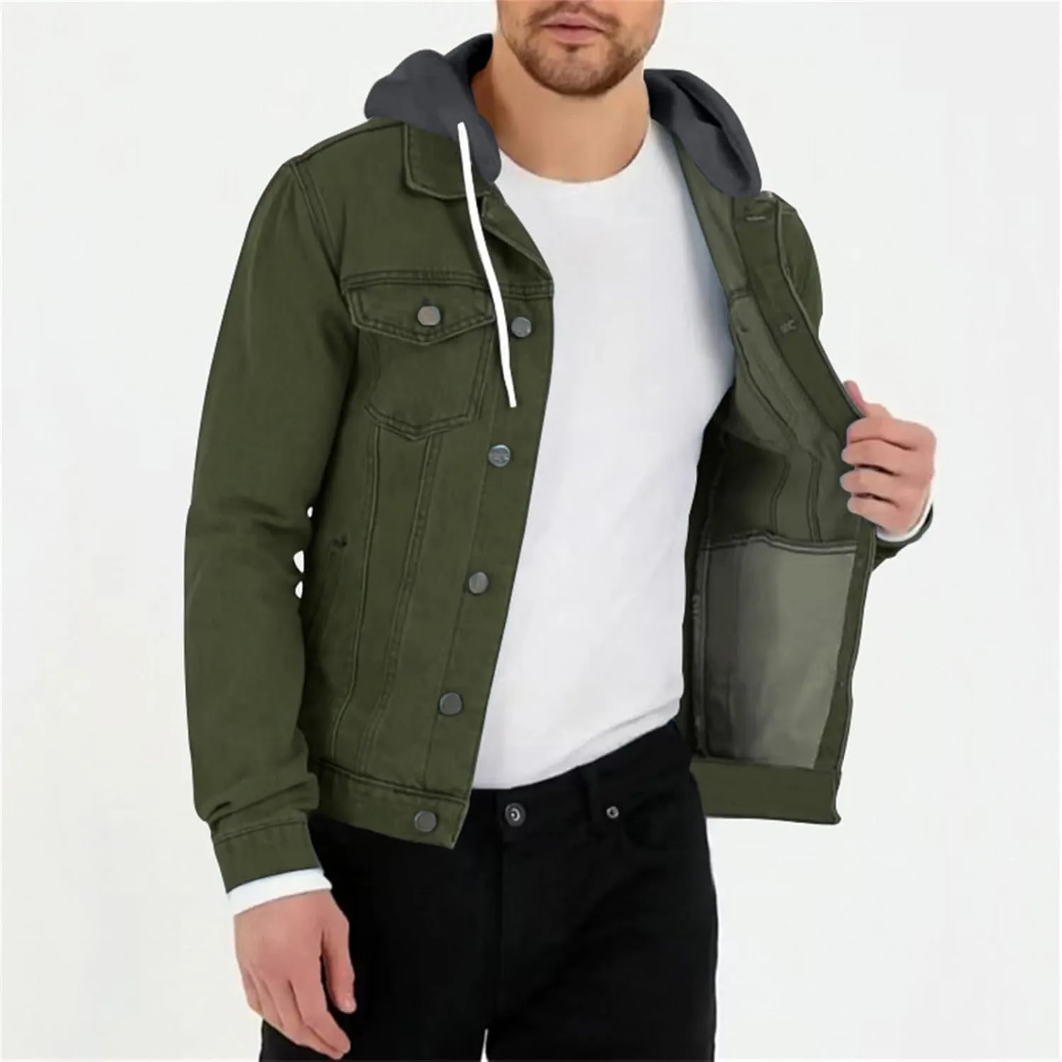 Mens Slim Fit Hoodie Denim Jacket Solid Color Hood Military Hooded Jacket Button Down Denim Trucker Jacket Coat