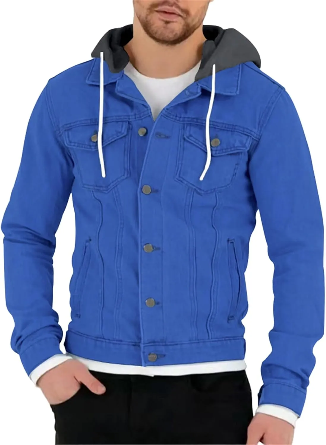 Mens Slim Fit Hoodie Denim Jacket Solid Color Hood Military Hooded Jacket Button Down Denim Trucker Jacket Coat