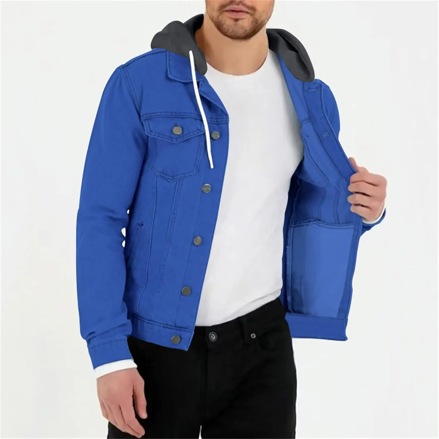 Mens Slim Fit Hoodie Denim Jacket Solid Color Hood Military Hooded Jacket Button Down Denim Trucker Jacket Coat
