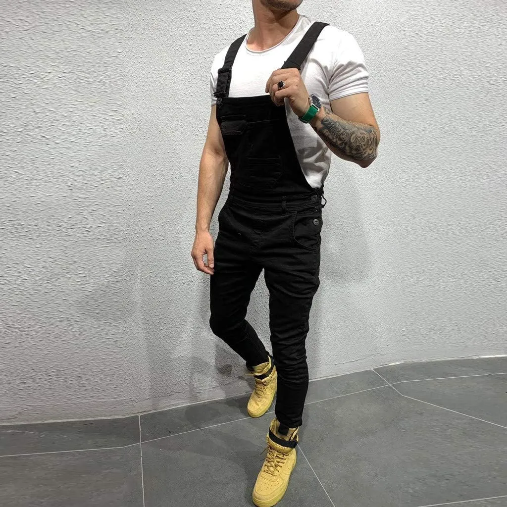Mens Stretch Fit Biker Overalls - Black Denim Bib Overalls Slim Adjustable Straps Jeans Jumpsuits