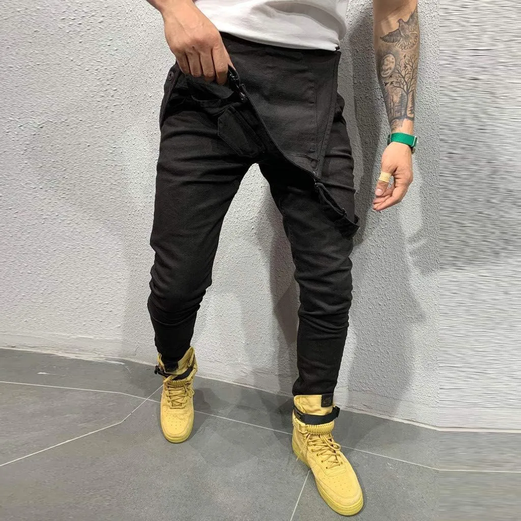 Mens Stretch Fit Biker Overalls - Black Denim Bib Overalls Slim Adjustable Straps Jeans Jumpsuits