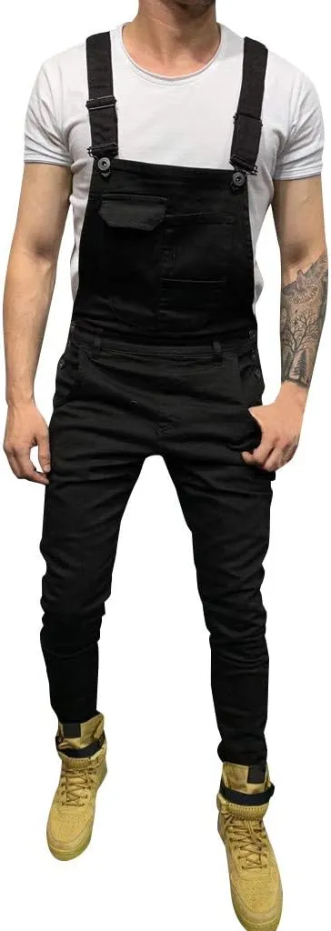Mens Stretch Fit Biker Overalls - Black Denim Bib Overalls Slim Adjustable Straps Jeans Jumpsuits