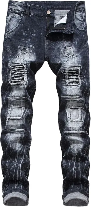Men's Stretch Motorcycle Stitching Jeans Moto Wash Distressed Denim Jeans Pants Slim Skinny Fit Biker Jean