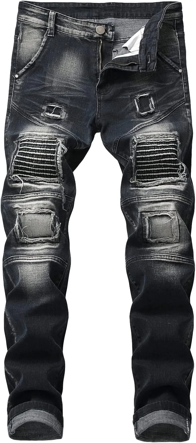 Men's Stretch Motorcycle Stitching Jeans Moto Wash Distressed Denim Jeans Pants Slim Skinny Fit Biker Jean