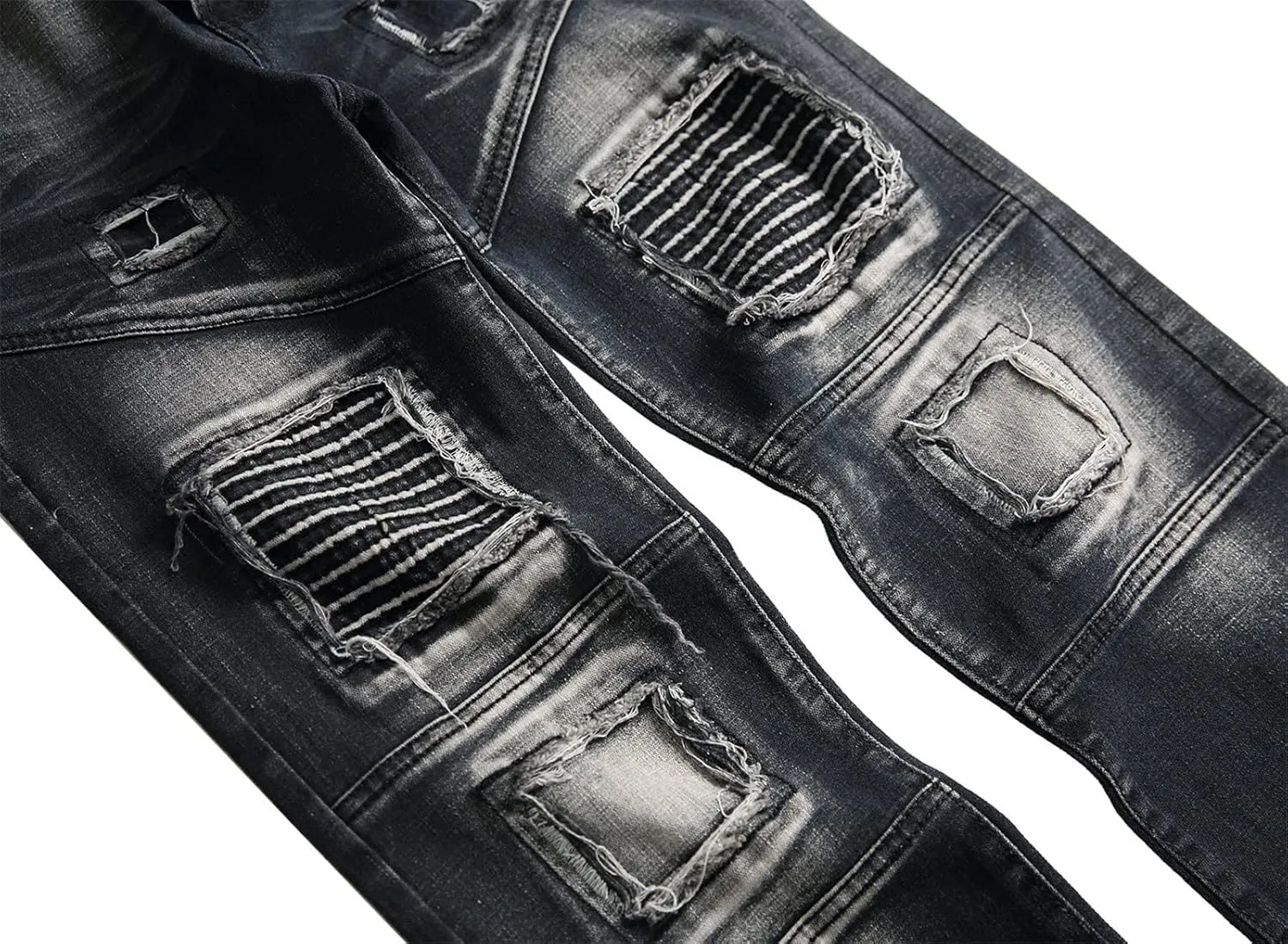 Men's Stretch Motorcycle Stitching Jeans Moto Wash Distressed Denim Jeans Pants Slim Skinny Fit Biker Jean