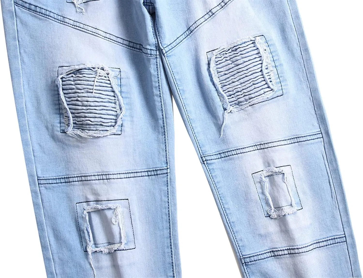 Men's Stretch Motorcycle Stitching Jeans Moto Wash Distressed Denim Jeans Pants Slim Skinny Fit Biker Jean